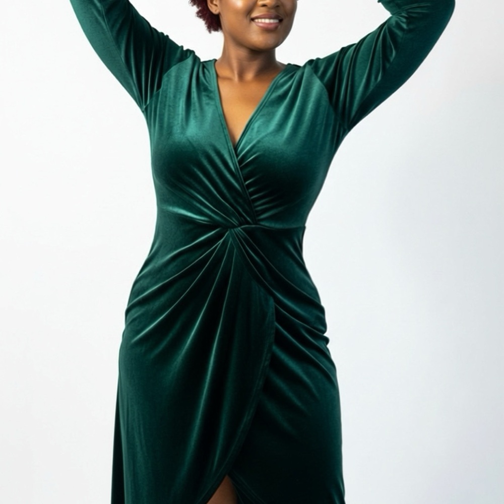 Elegant Green Velvet Long Sleeve Dress